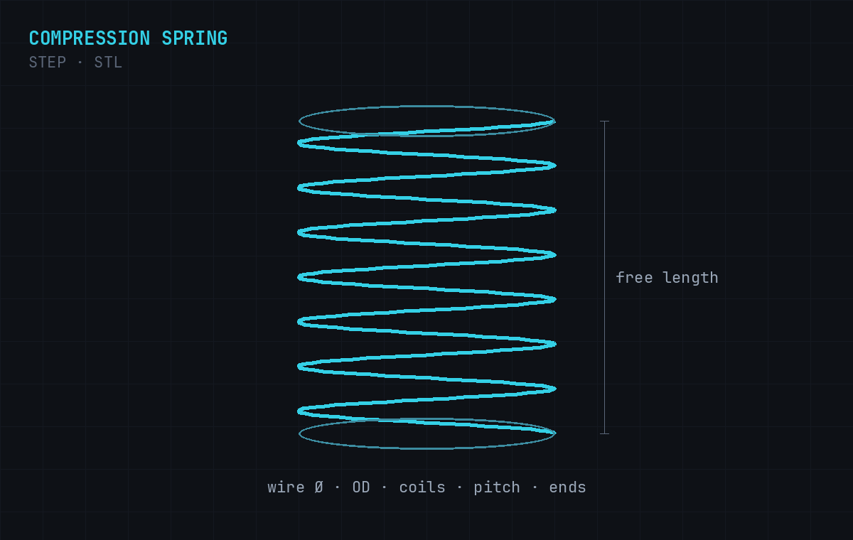 AI Compression Spring Generator example output exported as STEP and STL